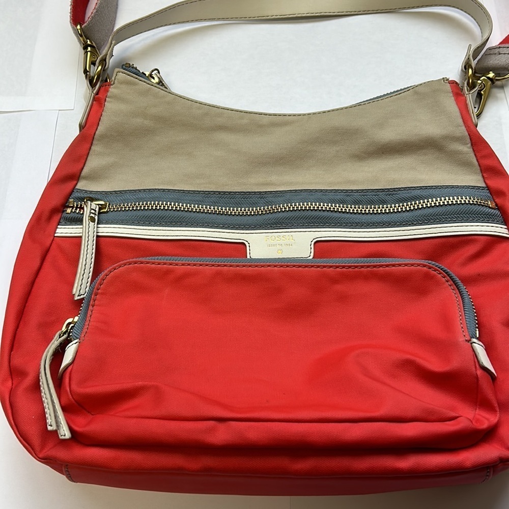 Fossil hobo shoulder and crossbody orange and tan textile bag 3 zipper closures - Picture 2 of 16